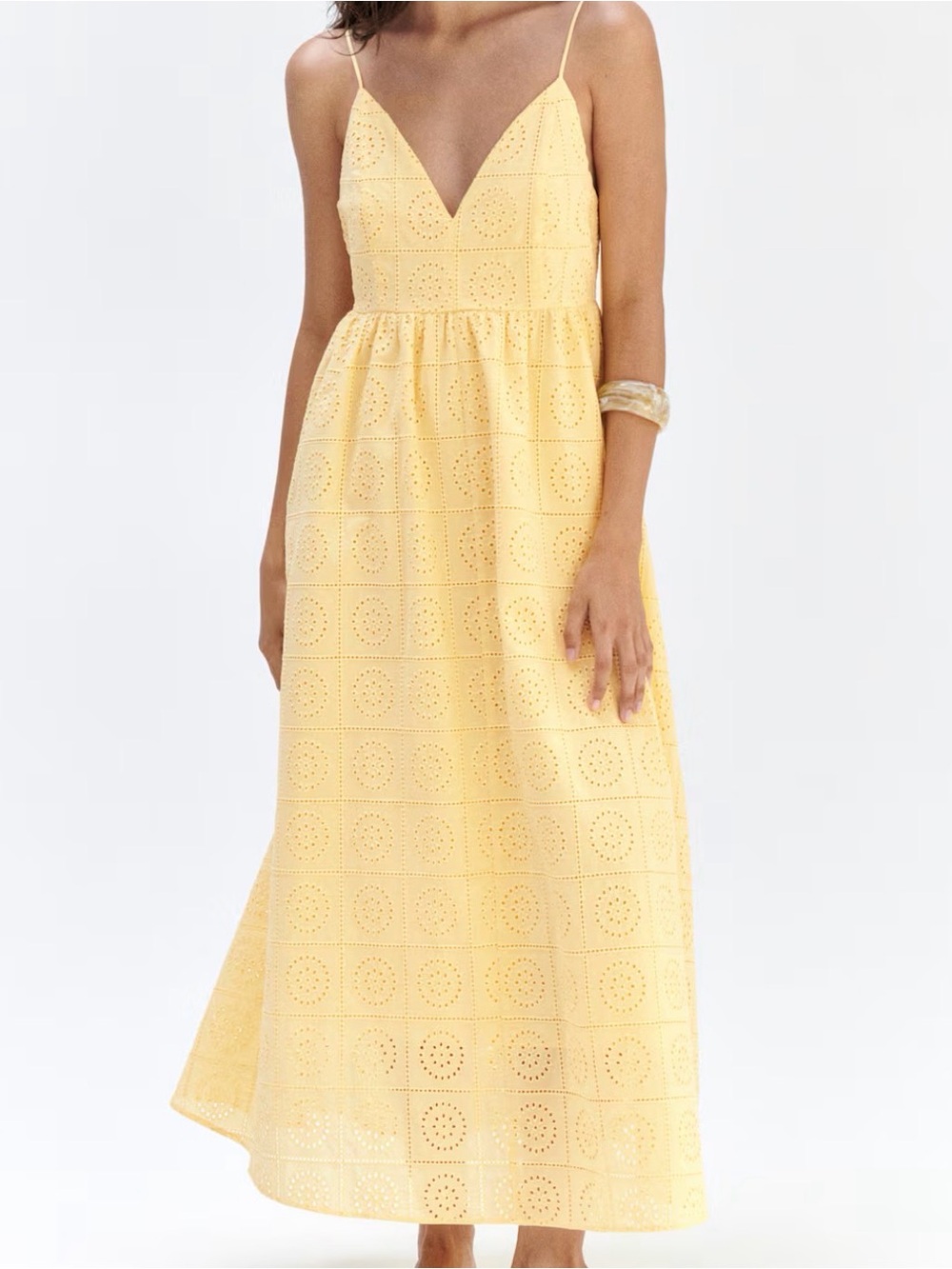 H&M Yellow Eyelet Spaghetti-Strap Maxi Dress